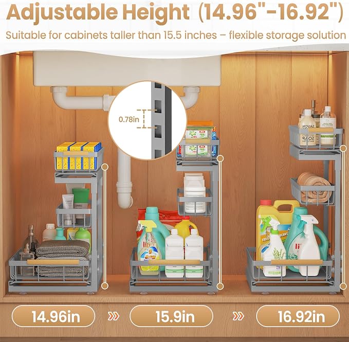 Under Sink Organizer and Storage for Bathroom and Kitchen - 2 Pack 3 Tier Under Cabinet Pull Out Shelf Organizers - Slide Out Drawer Organization for Home Cabinets Shelves and Drawers
