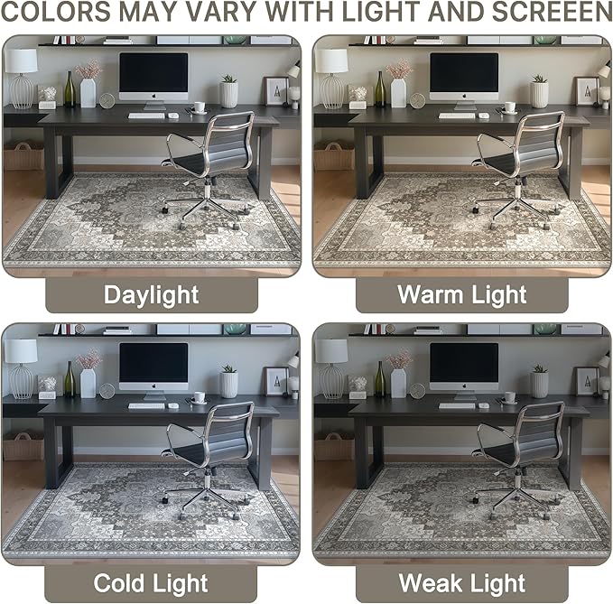 48"x72" Office Chair Mat for Hardwood Tile Floor, Under Desk Carpet Protector for Rolling Computer Chair Mat, Machine Washable Area Rug, Anti-Slip 1/5" Thick Low Pile Thin Vinyl Floor Mat, Tawny Grey
