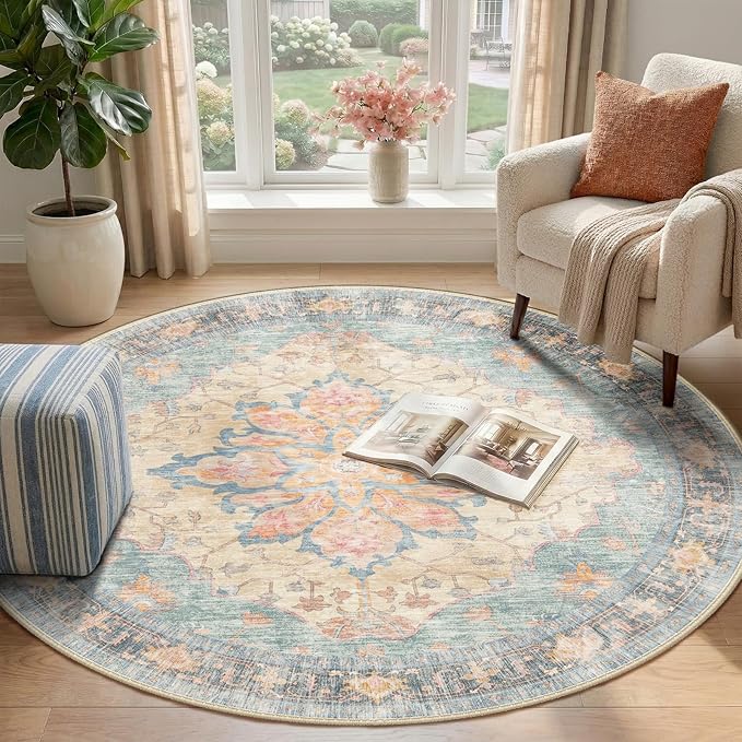 RELEANY Area Rugs Round 4ft Washable Non-Slip, Floral Vintage Distress Medallion Carpet for Living Room Bedroom Dining Room, Blue Orange Red