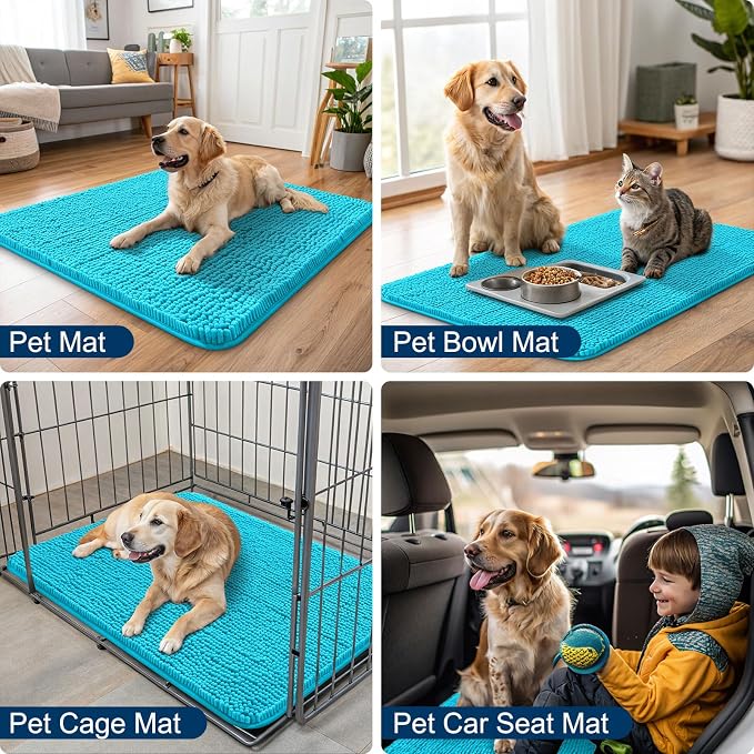 Smiry Dog Door Mat for Muddy Paws 40x32, Absorbent Dirt Trapper, Non-Slip Washable Chenille Entryway Rug for Inside Floor, Aqua Blue, Classic Solid