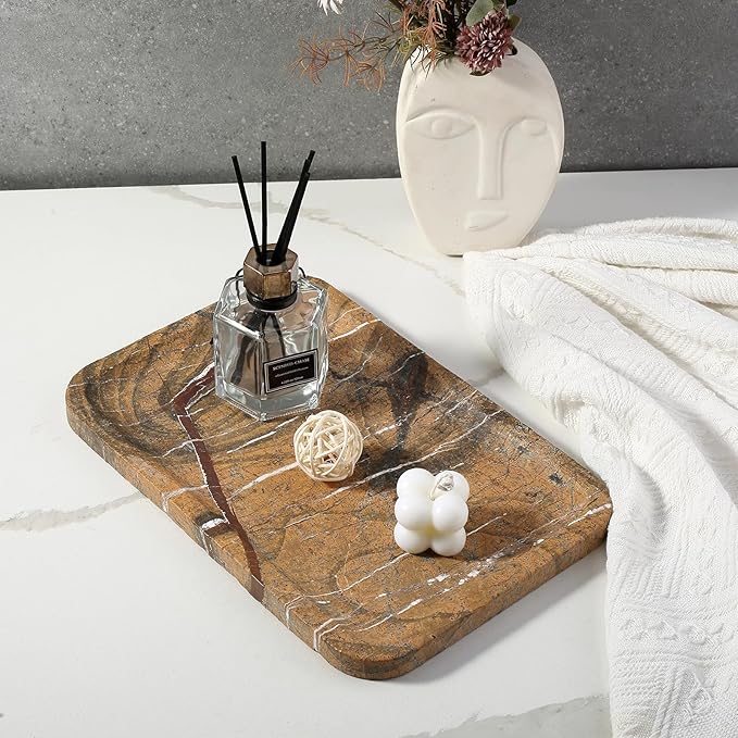 Koville Marble Tray, 12"x8" Natural Marble Vanity Tray for Countertop Bathroom Kitchen Dresser, Decorative Catchall Trays for Perfume Jewelry, Rectangular Stone Serving Tray(Rainforest Gold)