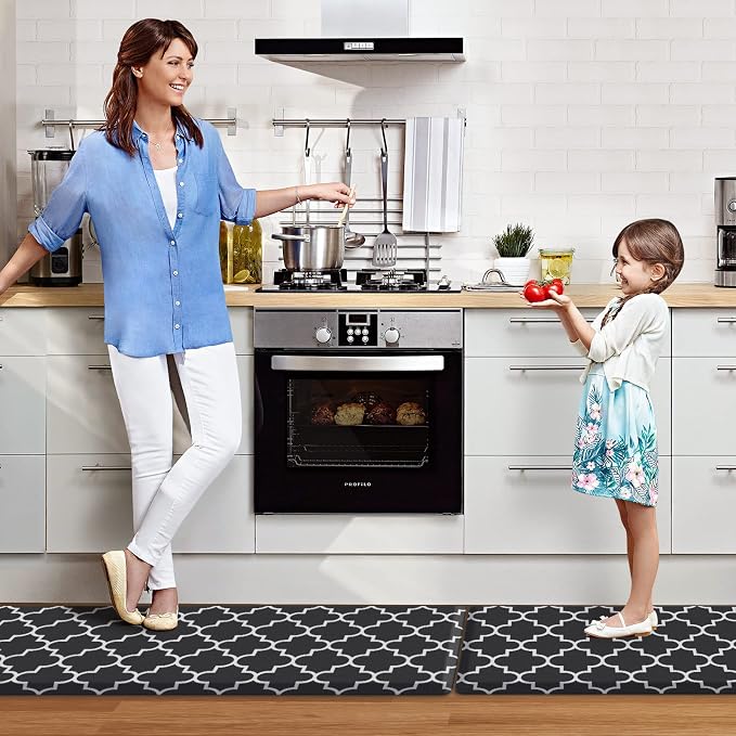 KMAT Kitchen Mat [2 PCS] 0.47inch Cushioned Anti-Fatigue Kitchen Rug, Waterproof Non-Skid Kitchen Mats and Rugs Heavy Duty PVC Ergonomic Comfort Standing Mat for Kitchen, Floor Home, Sink, Black