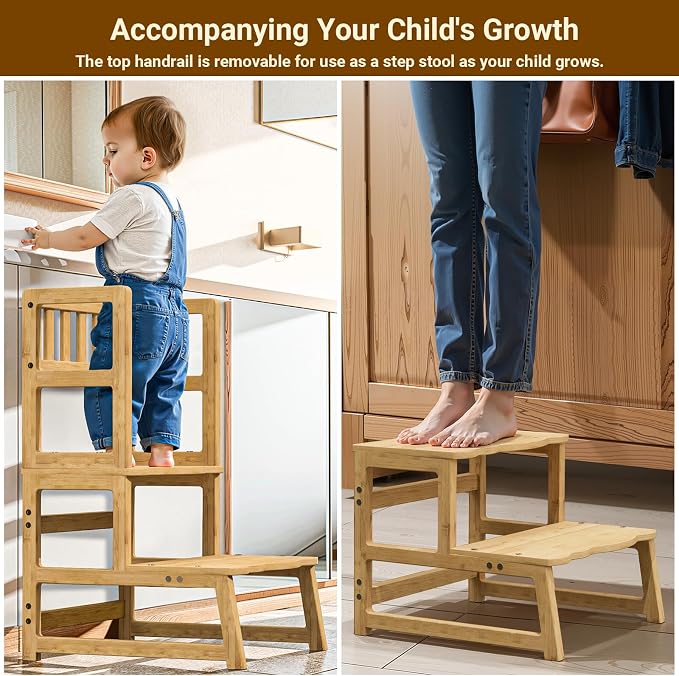 COSYLAND Toddler Step Stool with Removable Side Guard - Toddler Kitchen Stool Helper for Kitchen/Bathroom/Living Room/Bedroom - 300 lbs Capacity Step Ladder for Kids - Natural
