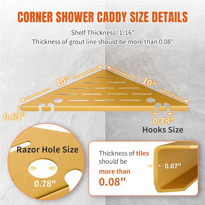 Shower Corner Shelf with Razor Hole, 304 Stainless Steel, Gold, No Drilling, Modern Style Bathroom Caddy Organizer for Tile Wall, 2 Pack