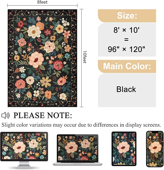 DUKINO 8x10 Area Rug, Floral Rugs for Living Room, Lightweight Non Slip Washable Rug, Indoor Low Pile & Non-Shedding Boho Design Rugs for Bedroom, Living Room, Dining Room, Black