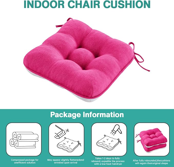 BETU Chair Cushions for Dining Chairs Set of 6,3.5" Thick Kitchen Table Chair Pads with Ties,Non Slip Backing and Covers, Seat Cushion for Dining Room,Bar,Patio Chairs,15.5"X15.5"X3.5",Hot Pink