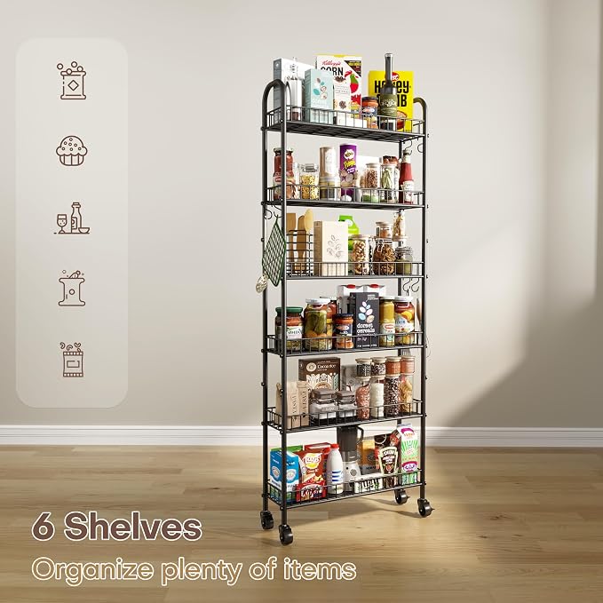 Slim Rolling Storage Cart with Wheels, Metal 6 Tier Spice Rack Mobile Shelving Unit Organizer Kitchen Utility Cart for Office Bathroom Kitchen Laundry Room Narrow Places (6inches)