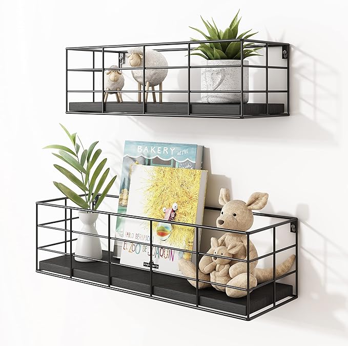 Fixwal 4 Set Floating Shelves - Hanging Wall Mounted Shelves for Living Room, Kitchen, Bedroom & Bathroom - Decorative Storage (Black)
