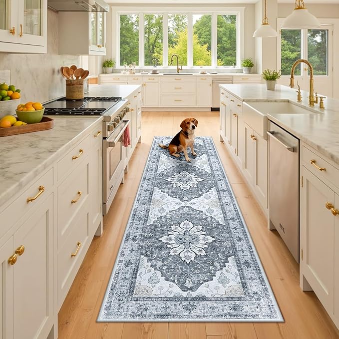 RELEANY Area Rugs Runner 2'x8' Washable Non-Slip, Floral Vintage Distress Medallion Carpet for Kitchen Hallway Bedroom Beside Laundry Room Bathroom, Light Gray Grey White