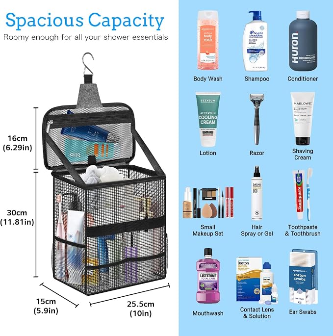 Boczif Shower Bag Mesh Caddy, Toiletry Bags for Travel, Bathroom, Gym, Camp Women Men, Shower Organizer Tote Bag for College Dorm Students Girls Boys, Portable Quick Dry and with Metal Hook