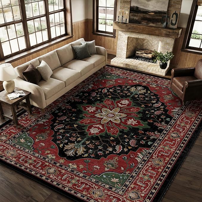 RELEANY Area Rugs Large 9'x12' Washable Non-Slip, Floral Vintage Distress Medallion Carpet for Living Room Bedroom Dining Room, Red Black