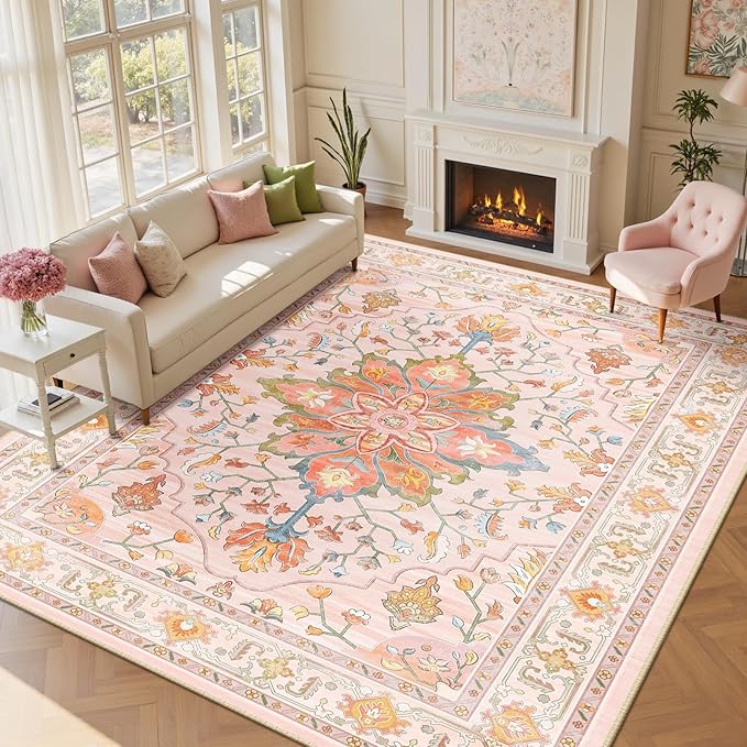 RELEANY Area Rugs Large 9'x12' Washable Non-Slip, Floral Vintage Distress Medallion Carpet for Living Room Bedroom Dining Room, Light Pink Colorful