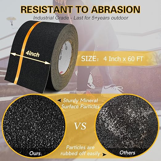 S&X Grip Tape for Stairs 4 Inch x 60 Ft, 2X Longer Heavy Duty Anti Slip Traction Tape with Reflective Strip, Outdoor Non Slip Stair Tread Non-Skid Safety Tape, Long-Lasting