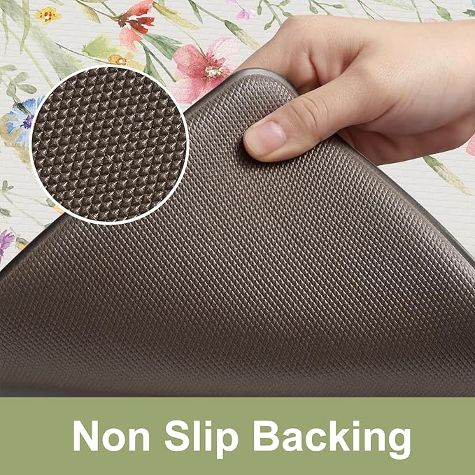 KIMODE Anti Fatigue Kitchen Mats for Floor, Farmhouse Floral Kitchen Rugs 20"x47"+20"x32", Non Slip Waterproof Kitchen Floor Mats, Comfort mats for Kitchen Floor, Sink, Laundry, Desk White