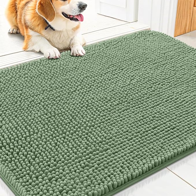Smiry Dog Door Mat for Muddy Paws 30x20, Absorbent Dirt Trapper, Non-Slip Washable Chenille Entryway Rug for Inside Floor, Olive Green, Classic Solid