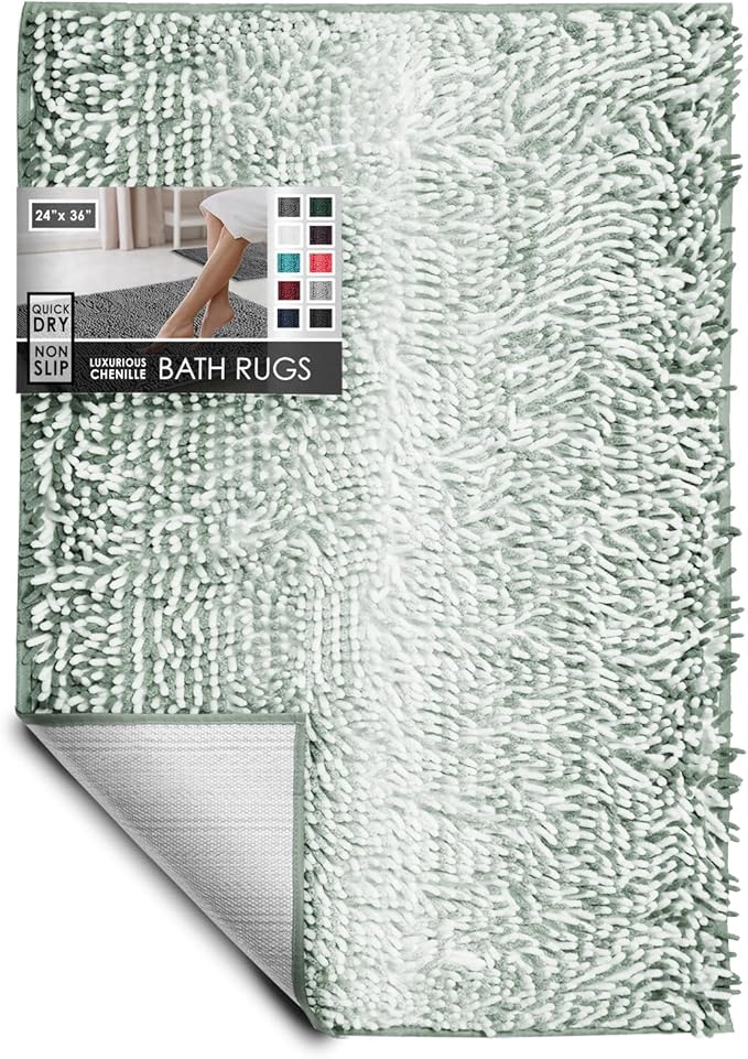 Hearth & Harbor Bathroom Rugs, Chenille Bath Mat - Machine Washable Bath Mats for Bathroom Non-Slip Backing Rubber, Quick Dry Bathroom Mat, 24 x 36 - Ombre Green