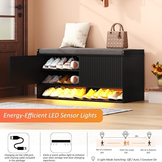 HOMEFORT 39.4" Fluted Shoe Storage Bench, Entryway Bench with Linen Seat Cushion, Shoe Cabinet Bench with Adjustable Shelf and Built-in LED Sensor Light, Bench for Bedroom End of Bed,Black