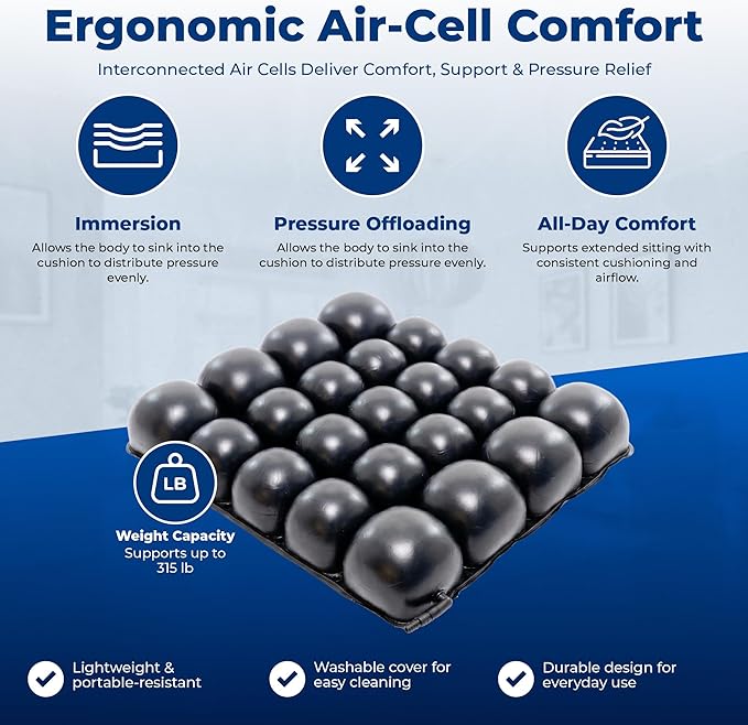 Roho Mosaic Seat Cushion 16” x 18” Inflatable Air Cell Design, Adjustable Firmness, Non-Skid Cover, Lightweight Portable Cushion for Wheelchair, Office Chair, Car & Home