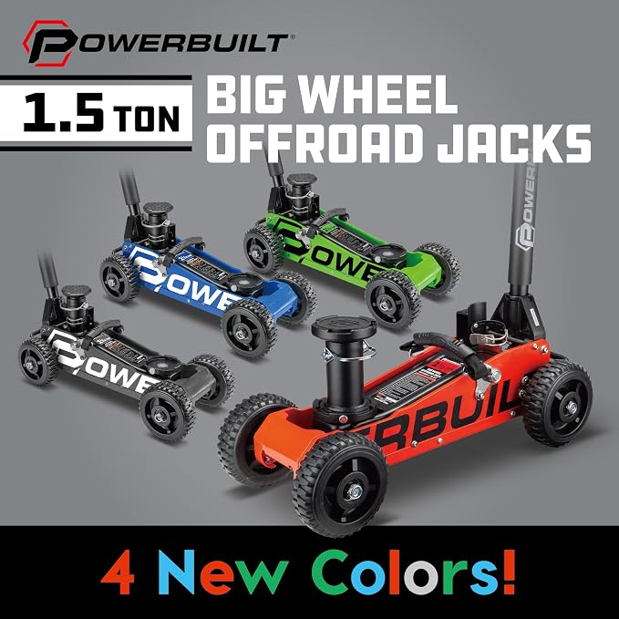 Powerbuilt 1.5 Ton Big Wheel Off Road Jack, Vehicle Lift for Trucks, SUVs, ATVs Offroad Vehicles, Oversized Wheels for Rugged Terrain, 3000 LB Capacity, Grey 620627ECE