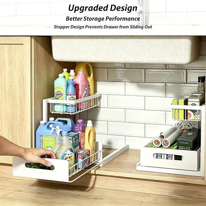 2 Pack Upgraded Under Sink Organizer, 2 Tier Pull out Kitchen Cabinet Organizer Metal Slide out Bathroom Organizers and Storage Makeup Drawer Organizer for Office Bedroom Restroom Living Room, L-White