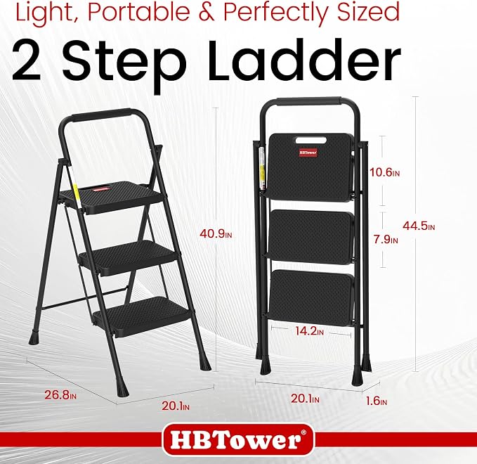 HBTower Step Ladder, Step Stool Foldable for Adults with Wide Anti-Slip Pedal, Lightweight 3 Step Ladders for Home