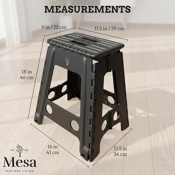 Inspired Living 18" Step Stool, Folding Step Stools for Adults, Plastic Foldable Step Stools Kids, Holds Up to 330 lbs, Collapsible Folding Stool for Kitchen, Bathroom, Bedroom - Black/Grey
