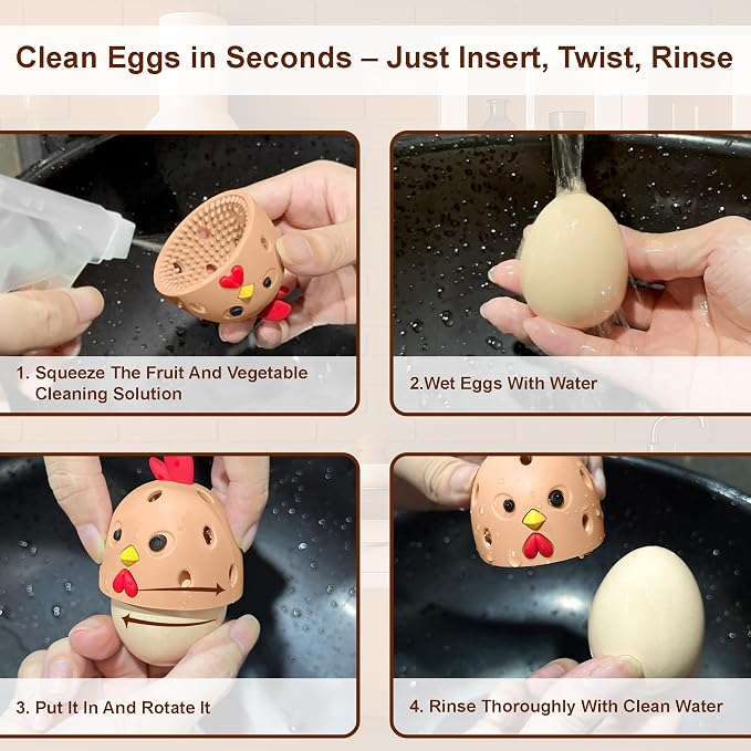 Egg Washer for Fresh Eggs, Egg Scrubber for Fresh Eggs, Reusable Silicone Chicken Shaped Scrubs, Chicken Egg Cleaner, Eggshell Cleaner for Poultry Farm, Housewife Kitchen Helper Tool (Brown Chick Cap)