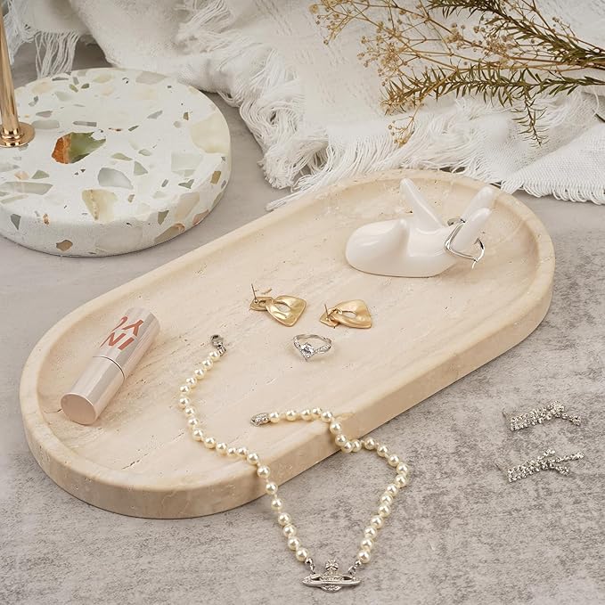 Koville Italian Travertine Tray, 12"x6" Vanity Decorative Marble Tray for Countertop, Catchall Tray for Perfume, Candles, Jewelry Dish Tray