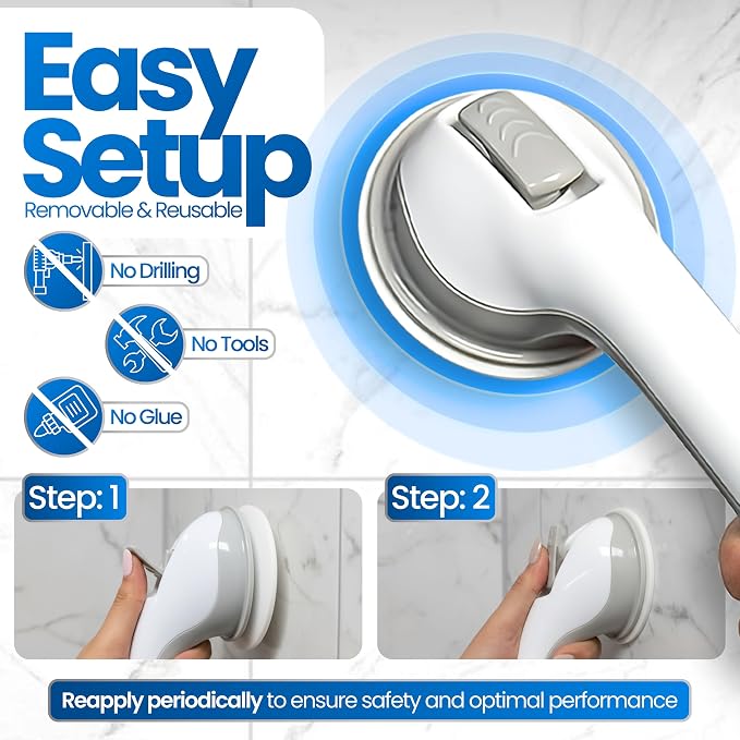Safe-er-Grip Changing Lifestyles Suction Cup Grab Bars For Bathtubs & Showers; Safety Bathroom Assist Handle, White & Grey, 16 Inches