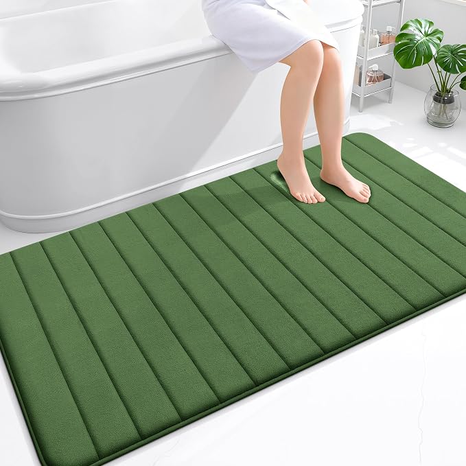 OLANLY Memory Foam Bath Mat 59x35, Super Soft Absorbent Bathroom Rugs, Quick Dry, Machine Washable Shower Floor Rugs, Bathmat Carpet, Bathroom Home Decor Accessories, Olive Green