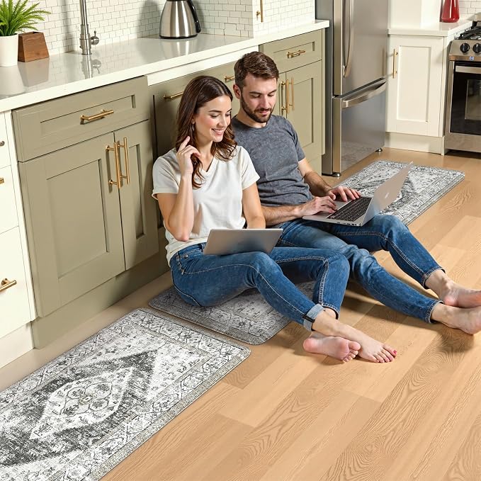 KIMODE Kitchen Mat for Floor Anti Fatigue Cushioned, 20"x59"+20"x32" Boho Oriental Kitchen Runner Rug, Non Skid Padded Kitchen Floor Mat, Comfort Standing Desk Mats for Laundry Office Sink Grey