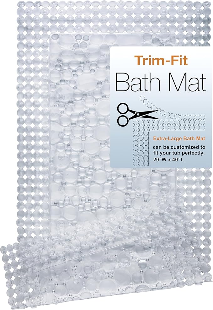 Trim to Fit Bathtub Mat Extra Long 20"x40" Non Slip with Suction Cups - Anti-Slip Shower Mat for Kids, Toddlers, and Seniors - Thick Bath Tub Mat with Multiple Drainage Holes, Clear