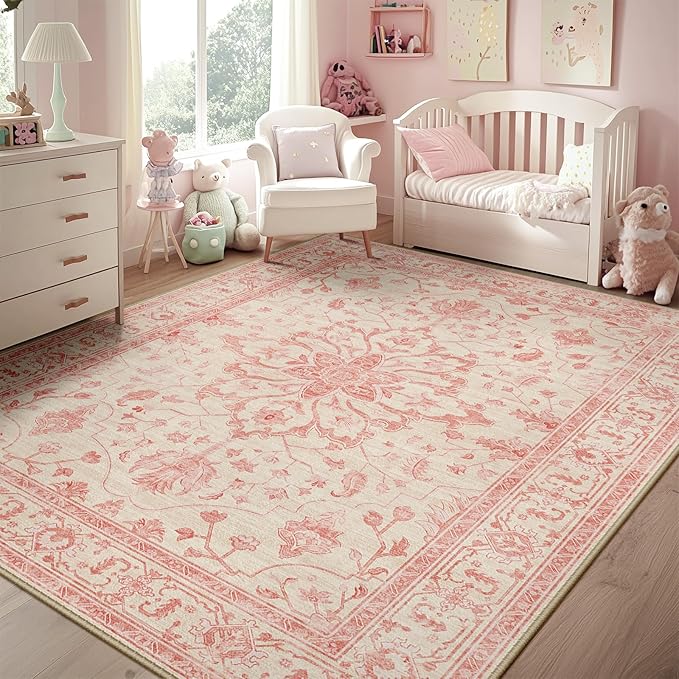 RELEANY Area Rugs 5'x7' Washable Non-Slip, Floral Vintage Distress Medallion Carpet for Living Room Bedroom Dining Room, Pink Light Vintage Pink