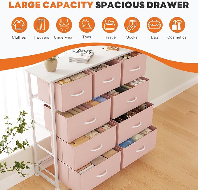 Sweetcrispy 9 Drawer Fabric Dresser Storage Tower with Wood Top and Steel Frame, Organizer Chest with Easy Pull Handles for Bedroom, Closet, Hallway,Pink