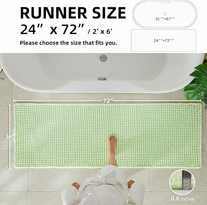 TYUU Waffle Runner Rug Bathroom, Boho Bathroom Rugs Non Slip Washable Long Super Absorbent Quick Dry Cute Bath Mat Farmhouse Bath Decor, 72"x24" Pale Green