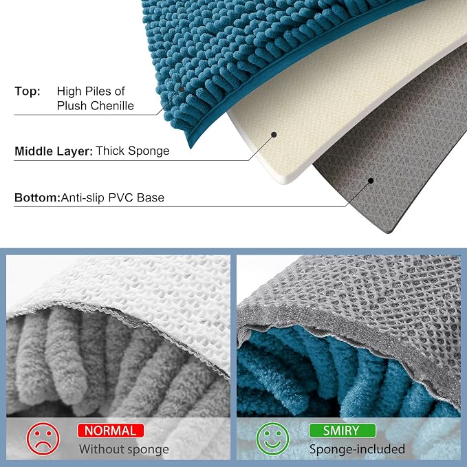 Smiry Luxury Chenille Bathroom Rugs 30x20, Extra Soft and Absorbent Shaggy Bath Mat, Machine Washable, Non-Slip Plush Carpet Runner for Tub, Shower, and Floor, Home Decor Accessories, Peacock Blue