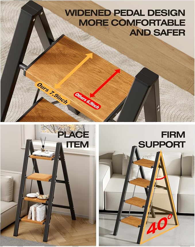 Taranta 4 Step Ladder,Aluminum Lightweight Folding 4 Step Stool with Anti-Slip Wide Pedal, 330lbs Capacity Step Ladder for Household,Kitchen,Office - BlackWoodgrain