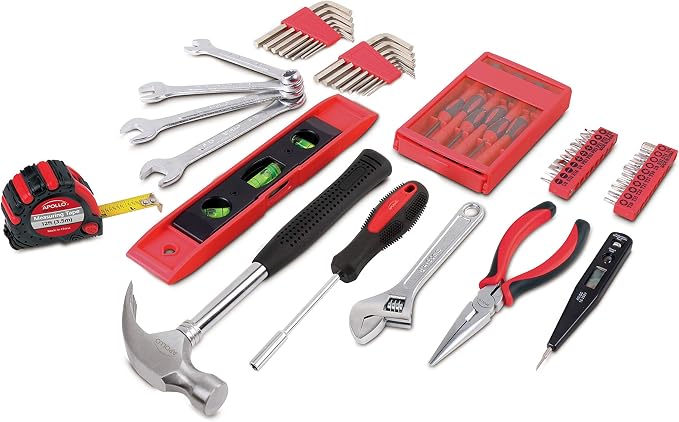 Apollo Tools 53 Piece Household Tool Set Includes Tools and Tool Box with a Selection of Most Needed Tools for Basic DIY Repairs, Maintenance and Crafts - Red