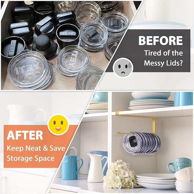 Tumbler Lid Organizer, Horizontal Tumbler Lid Storage Hook Up to 10 Lids, Space Saving Cup Lid Holders Under Cabinet Tumbler Lid Hook for Kitchen Organizer and Storage, Paper Towel Rack Hanger (Gold)