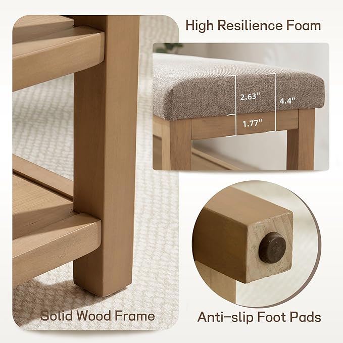 Zihanhome Shoe Rack Bench with Cushion, 2 Tier Solid Wood Storage Bench, Mid-Century Modern Shoe Bench for Entryway, Hallway, Closet, Front Door Entrance, Foyer (Brown, 46.5")