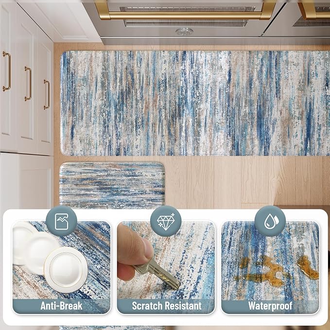 KIMODE Christmas Anti Fatigue Kitchen Mats for Floor 2 Piece, Blue Grey Farmhouse Kitchen Rugs 17"x47"+17"x29", Non Slip Waterproof Kitchen Floor Mats, Standing Mats for Laundry Office Sink Desk