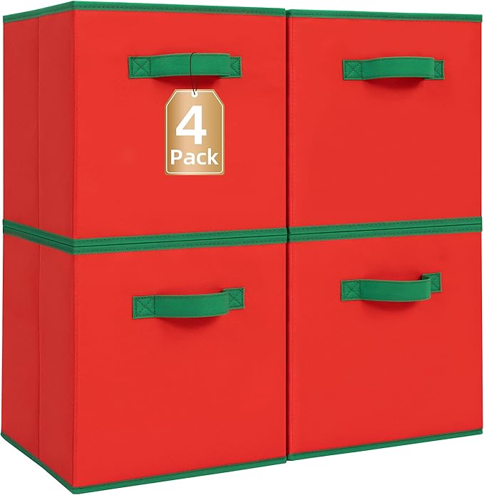 STORAGE MANIAC Storage Cubes, 11 Inch Durable 4 Pack Storage Shelf Basket for Christmas, Fabric Foldable Collapsible Bins with Handles for Organization, Closet, Shelves, Offices, Red