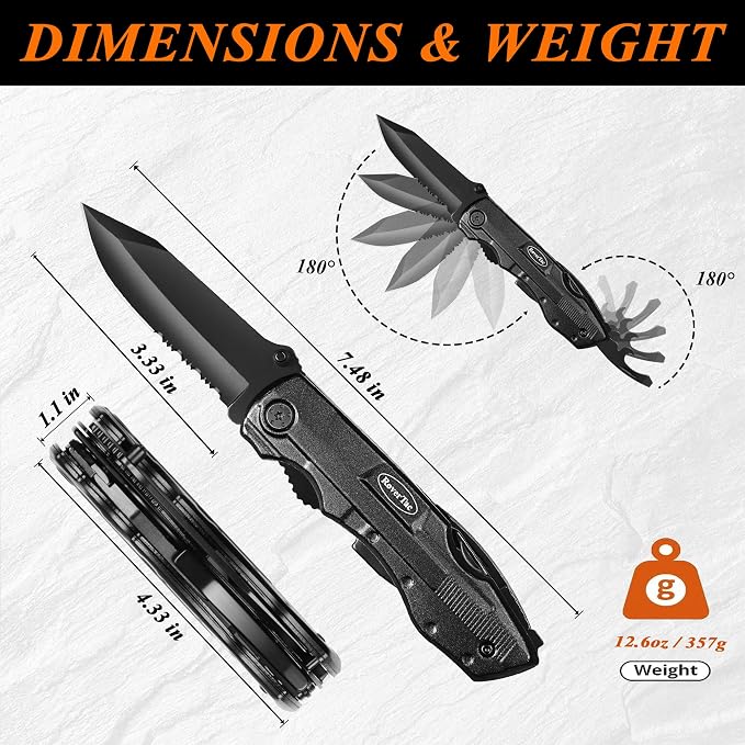 RoverTac Pocket Knife, 15-in-1 Multitool with Pliers, Bottle & Can Opener, 9 Screwdriver Bits, Locking Mechanism & Nylon Sheath - EDC Multi Tool for Camping, Hiking & DIY, Gift for Men & Dad