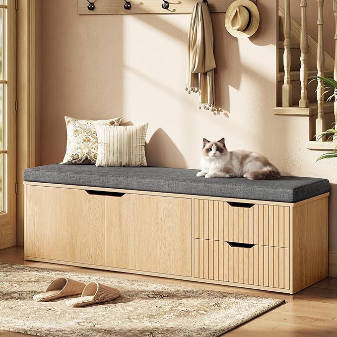 59" Storage Bench with Drawer, 2-Tier Shoe Bench with Doors, Long Entryway Bench, Thickened Cushion, Adjustable Shelf, Fluted Design for Entryway, Bedroom, Living Room, Natural