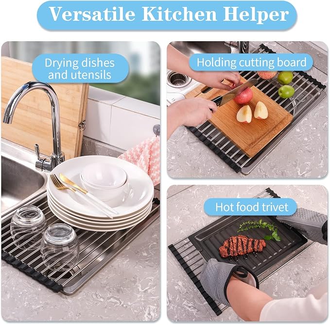 Seropy Roll Up Dish Drying Rack Over the Sink Drying Rack for Kitchen Counter, Rolling Dish Rack Over Sink Mat, Foldable Dish Drainer Stainless Steel Rack Kitchen Organization Gadgets 20.5"x11.8"