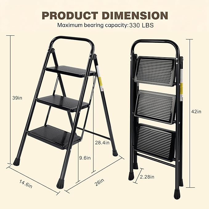 Valeo 3 Step Ladder, Step Stool with Wide Anti-Slip Pedal, 330 lbs Capacity,Step Ladder Folding Step Stool for Adults, Lightweight Steel Portable ladders for Home Kitchen & Office,Black