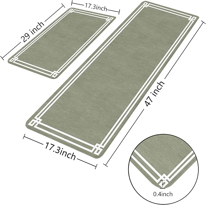 Sage Green Retro Elegance Frame Textured Kitchen Rug Sets [2 PCs], Anti-Fatigue, Waterproof Non-Slip Kitchen Mats Heavy Duty Comfort Foam Rug for Kitchen, Floor, Laundry,17"x29"+17"x47"