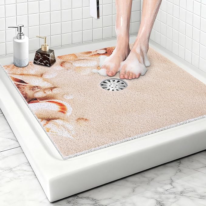Square Shower Mat Non Slip: 32x32 Inch Extra Large Shower Mats with Drain Hole in Middle -Anti Slip Shower Mats for Inside Shower -Loofah Shower Floor Mat Bath Mat for Shower Stall Bathtub Elderly