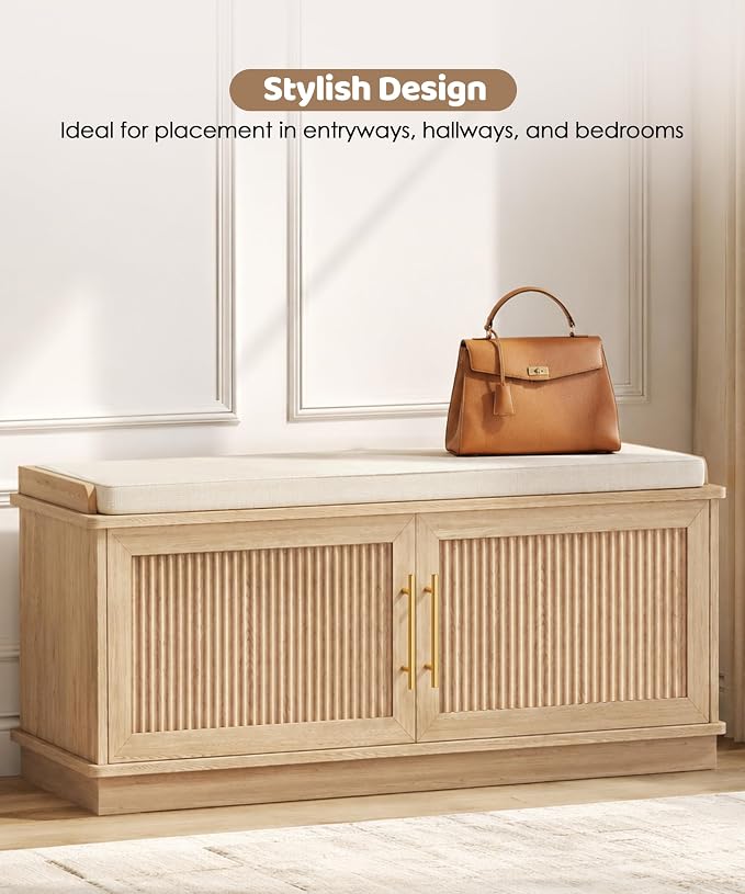 Akxomel Fluted Shoe Storage Bench with Cushion, 39.4" Entryway Bench with Adjustable Shelves and 2 Doors, Shoe Cabinet Bench with Curved Profile, for Hallway, Living Room, Bedroom, Natural Oak