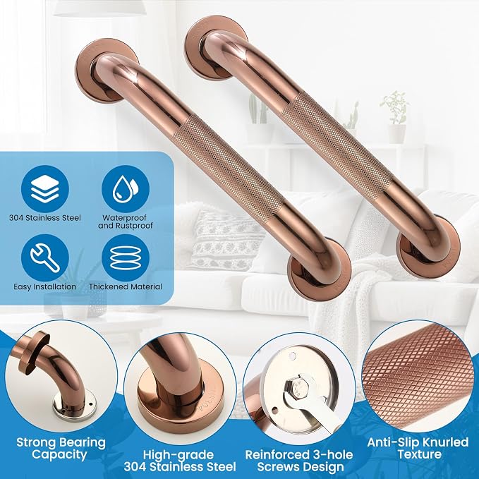 Grab Bars for Shower, Zynuhmo 2 Pack 12 Inch Anti Slip Stainless Steel Bathroom Safety Shower Grab Bar Handrails for Handicap Injury Pregnant Senior Assist Shower Handles(Rose Gold, 1.25" Diameter)